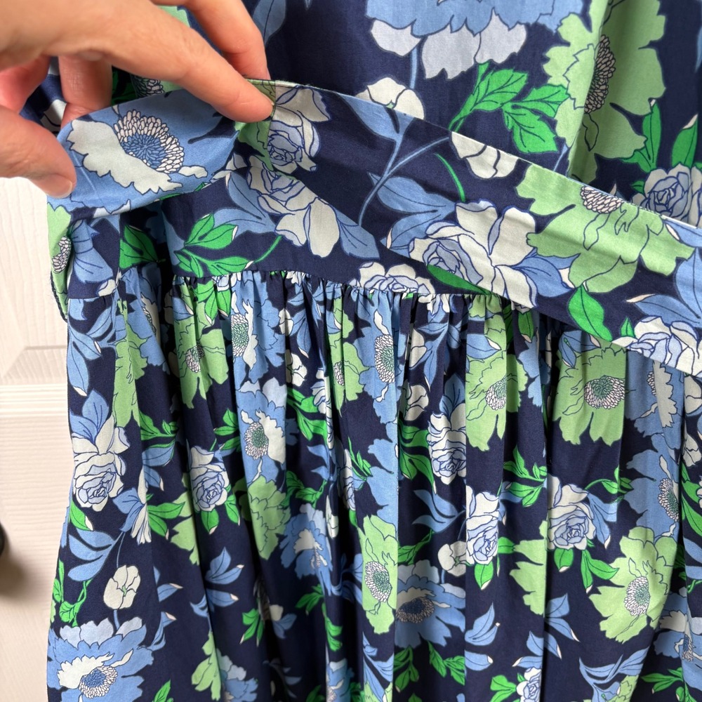 Talbots Floral Cotton Midi Dress 8 Blue Green Fit Flare Pockets Garden Party - Picture 4 of 7
